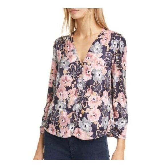 Rebecca Taylor Women's Blouse Jardin Floral Button Front Indigo Silk Blend  4 - Picture 1 of 11